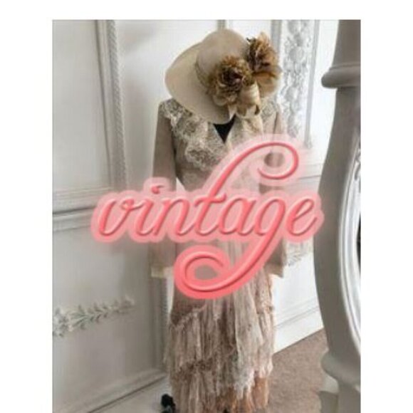 Vintage Glances 80's. Sz S. Fitted Chiffon Pin Tucks Pleated Lace. Cream B113 - Picture 7 of 7